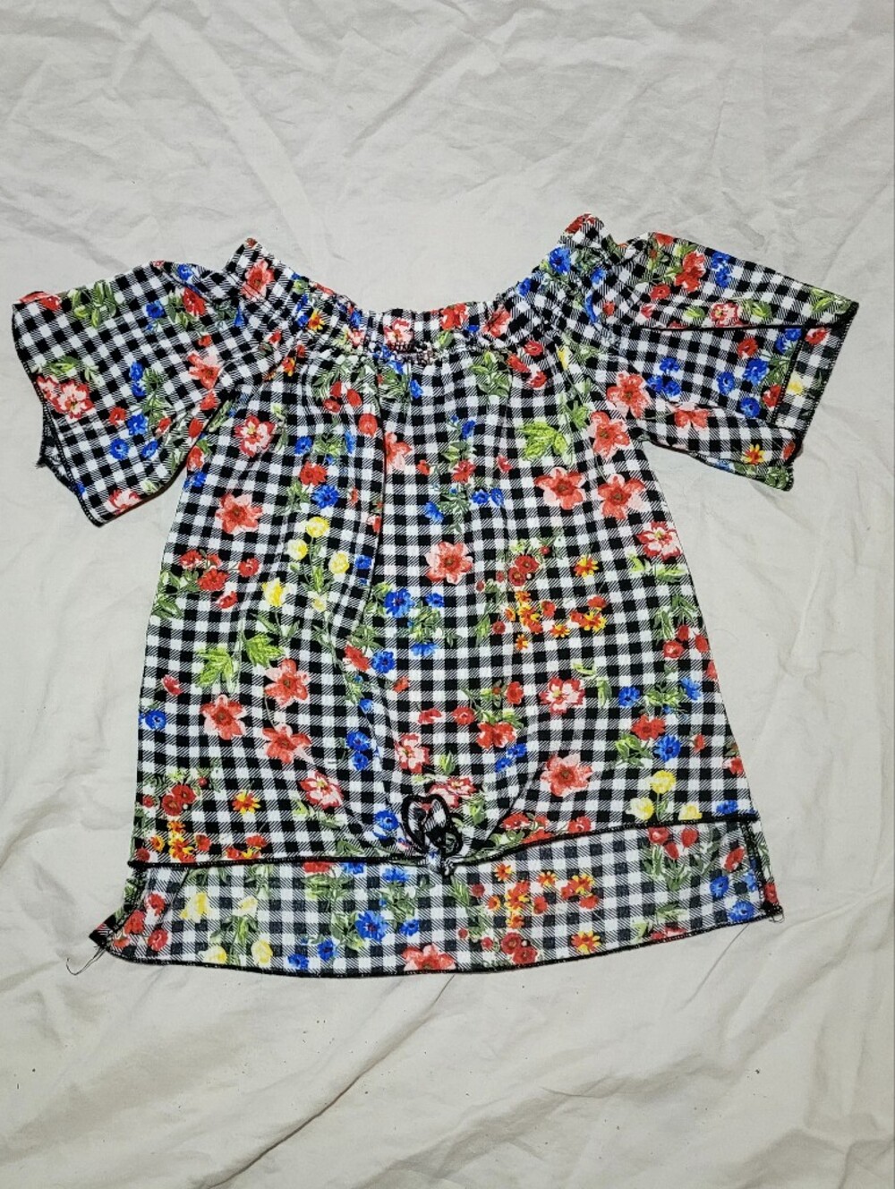 Black Gingham Floral Off-Shoulder Summer Top